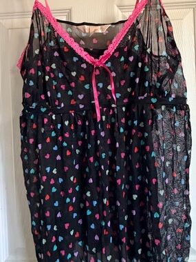 Cacique Black Sheer Heart-Print Chemise with Hot Pink Trim